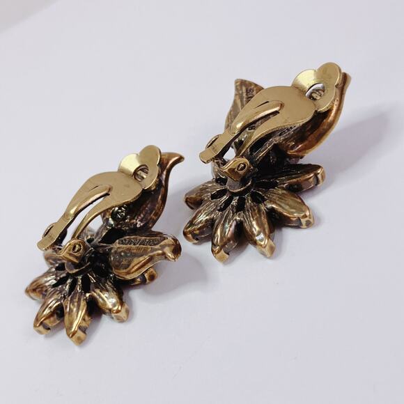 Signed Heidi Daus Pink Swarovski Crystal & Faux Amber Floral Clip On Earrings - Picture 12 of 12